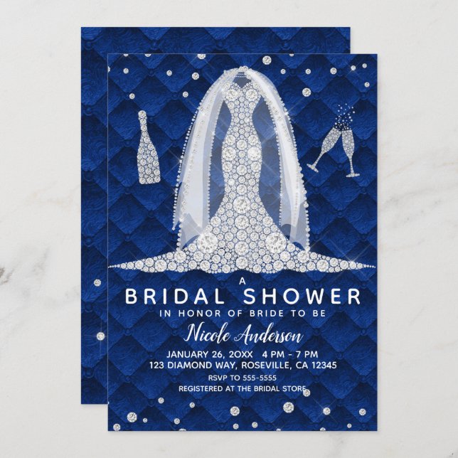 Diamond Wedding Dress Royal Blue Bridal Shower Invitation (Front/Back)