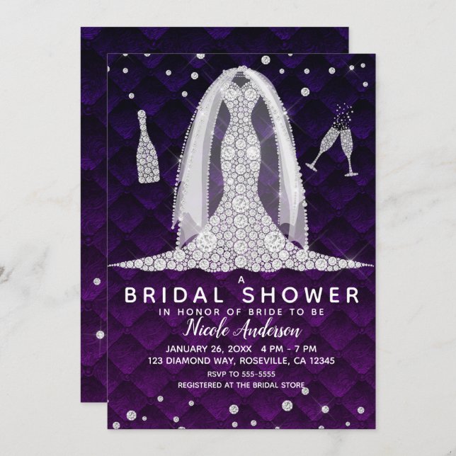 Diamond Wedding Dress Royal Purple Bridal Shower Invitation (Front/Back)