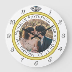 Diamond Wedding Ring Anniversary Photo on White Large Clock
