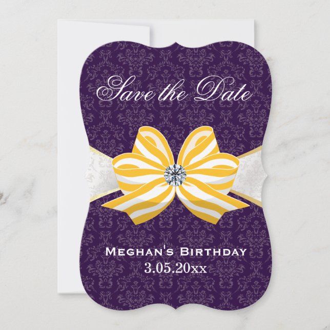 Diamond Yellow Ribbon with Purple Damask Pattern Save The Date (Front)