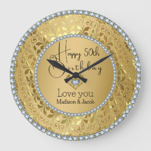 Diamonds And Gold 50th Birthday Large Clock