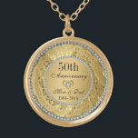 Diamonds And Gold 50th Wedding Anniversary Gold Plated Necklace<br><div class="desc">Elegant gold tones floral border with 2 hearts and a diamond,  Gold 50th Wedding Anniversary . It comes in silver tones for 25th anniversary.</div>