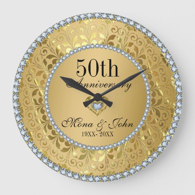 Diamonds And Gold 50th Wedding Anniversary Large Clock (Front)
