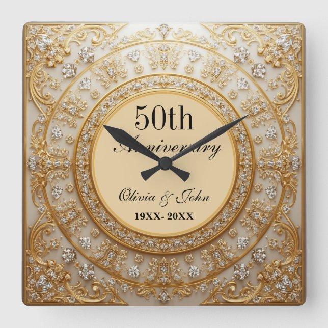 Diamonds And Gold 50th Wedding Anniversary Square Wall Clock (Front)