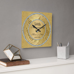 Diamonds And Gold 50th Wedding Anniversary Square Wall Clock