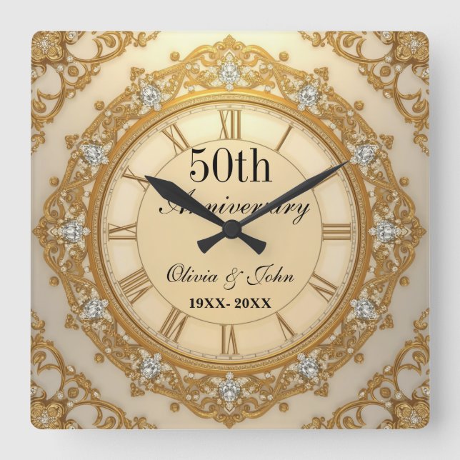 Diamonds And Gold 50th Wedding Anniversary Square Wall Clock (Front)