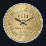 Diamonds And Gold Damask 50th Wedding Anniversary Large Clock<br><div class="desc">Elegant gold tones floral border with 2 hearts and a diamond, Gold 50th Wedding Anniversary. It comes in silver tones for the 25th anniversary. Diamonds are not real</div>