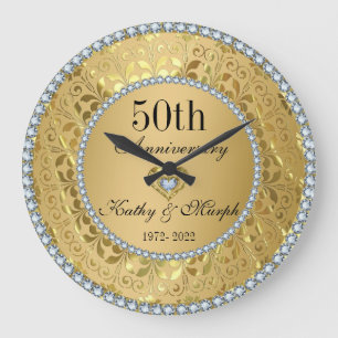 Diamonds And Gold Damask 50th Wedding Anniversary Large Clock