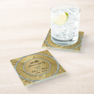 Diamonds And Gold Floral. 50th Wedding Anniversary Glass Coaster