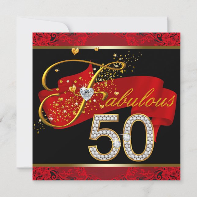 Diamonds and Gold Red Fabulous 50th Birthday Party Invitation (Front)