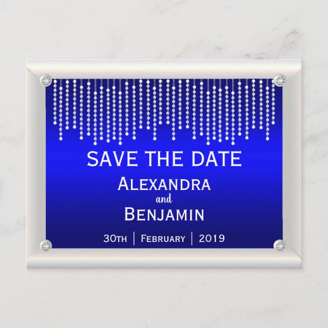Diamonds and Pearls Blue Wedding Save the Date Announcement Postcard (Front)