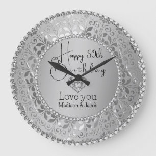 Diamonds And Silver Damask Birthday  Large Clock