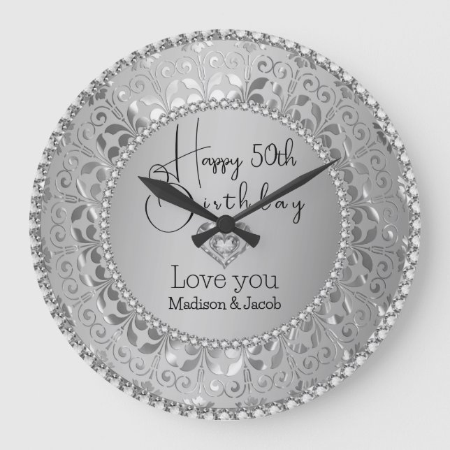 Diamonds And Silver Damask Birthday  Large Clock (Front)
