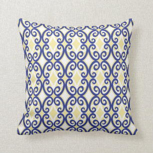 Diamonds and Swirls Pattern Navy and Yellow Pillow