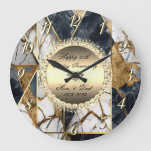 Diamonds Black Abstract Marble 50th Wedding  Large Clock