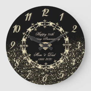 Diamonds Black Glittery 25th Wedding Anniversary Large Clock
