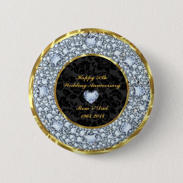 Diamonds, Black & Gold 50th Wedding Anniversary 6 Cm Round Badge (Front)