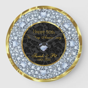 Diamonds, Black & Gold 50th Wedding Anniversary Large Clock