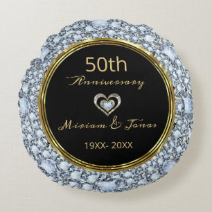 Diamonds, Black & Gold 50th Wedding Anniversary Round Cushion