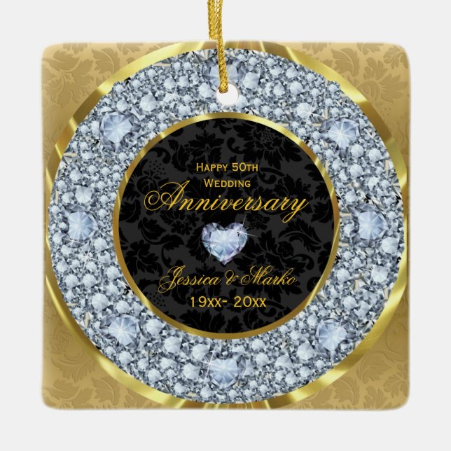 Diamonds, Black & Gold Damask 50th Anniversary Ceramic Ornament (Front)