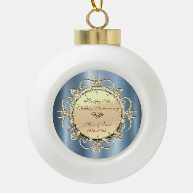  Diamonds Blue Metallic  50th Wedding Anniversary Ceramic Ball Christmas Ornament (Front)