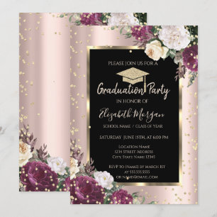 Diamonds Burgundy Flowers Rose Gold Graduation Invitation