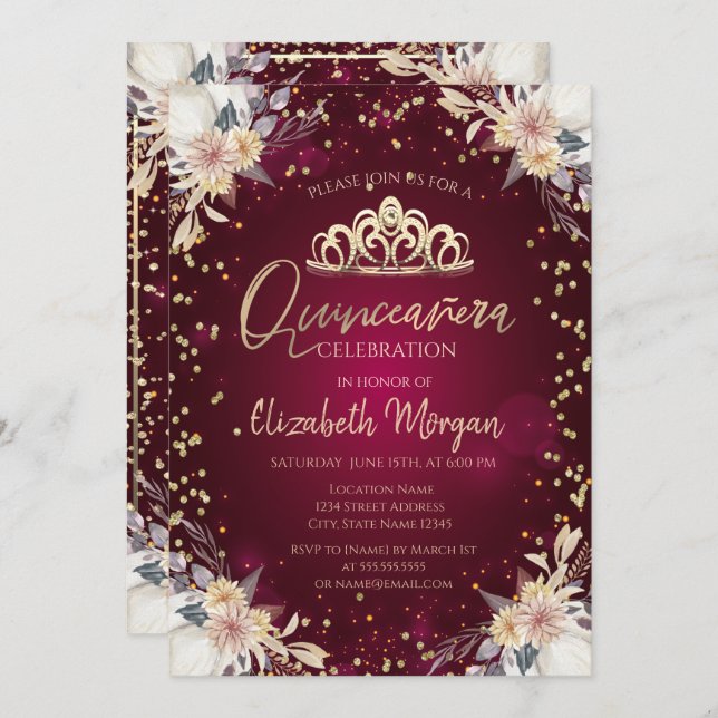 Diamonds Burgundy Pumpkin Floral Quinceañera  Invitation (Front/Back)