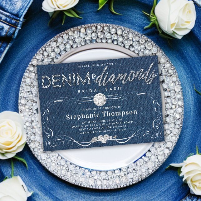 Diamonds Denim Flourish Classy Bridal Bash Shower Invitation (denim and diamonds bridal party bash shower invitation classy simple whimsical flourish country chic)