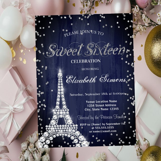 Diamonds Eiffel Tower Diamonds Navy Blue Sweet 16 Invitation (Creator Uploaded)
