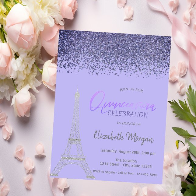  Diamonds,Eiffel Tower Light Violet Quinceañera Invitation (Creator Uploaded)