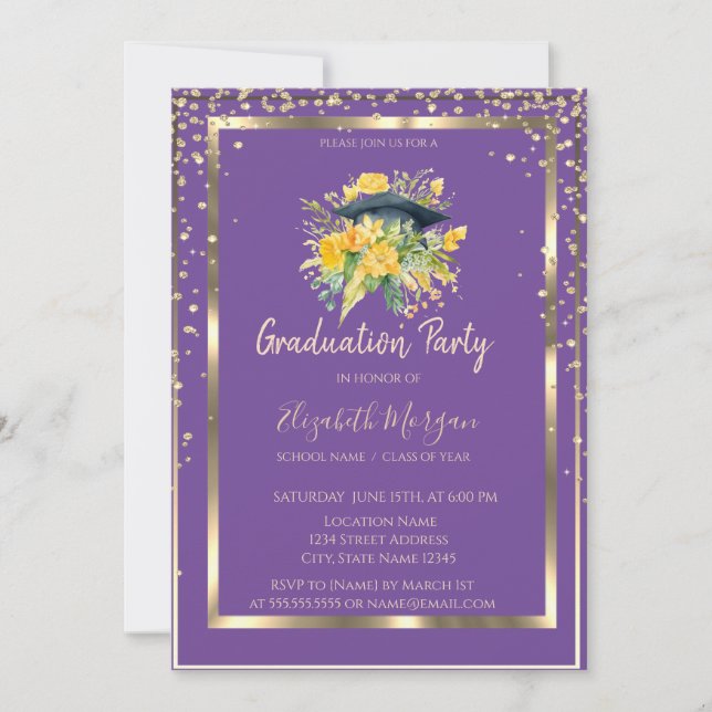 Diamonds Floral Grad Cap Violet Graduation  Invitation (Front)
