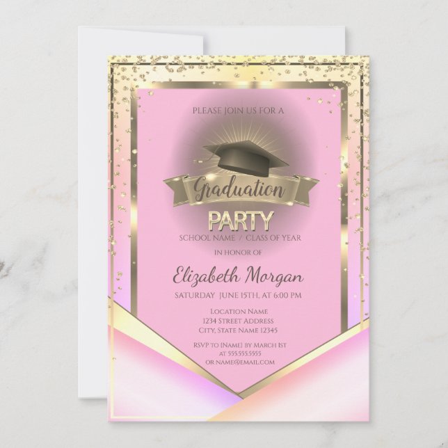 Diamonds Frame Grad Cap Ombre Graduation Party Invitation (Front)