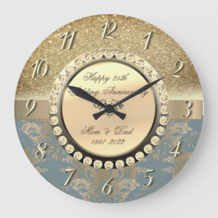 Diamonds Glitter Damask  25th Wedding Anniversary  Large Clock