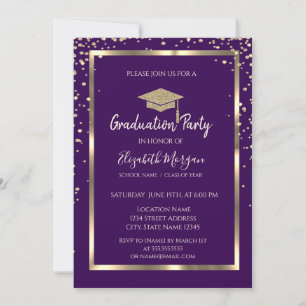 Diamonds Glitter Gold Grad Cap Purple Graduation Invitation