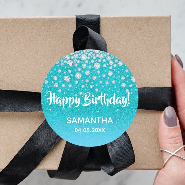 Diamonds glitter on teal blue green Happy Birthday Classic Round Sticker (Creator Uploaded)