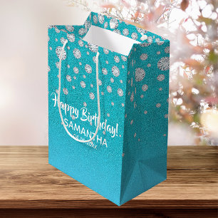 Diamonds glitter on teal blue green Happy Birthday Medium Gift Bag