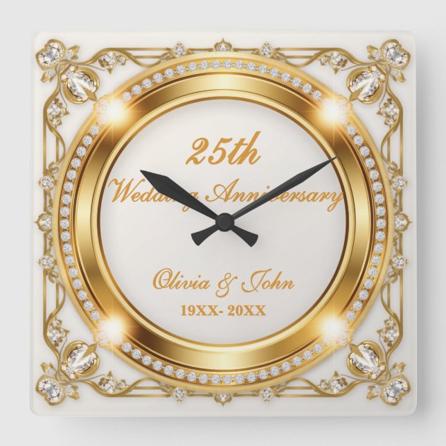 Diamonds & gold 25th Wedding Anniversary gift Square Wall Clock (Front)