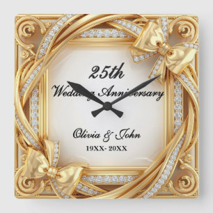 Diamonds & gold 25th Wedding Anniversary gift Square Wall Clock