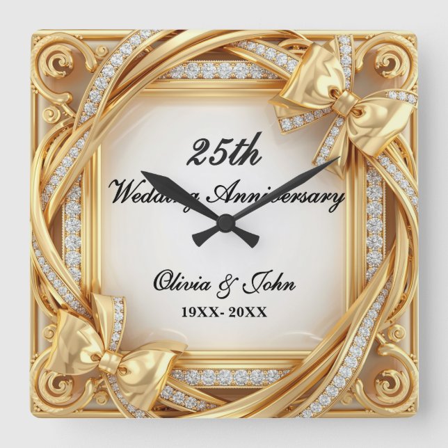 Diamonds & gold 25th Wedding Anniversary gift Square Wall Clock (Front)