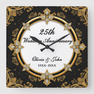 Diamonds & gold 25th Wedding Anniversary gift Square Wall Clock
