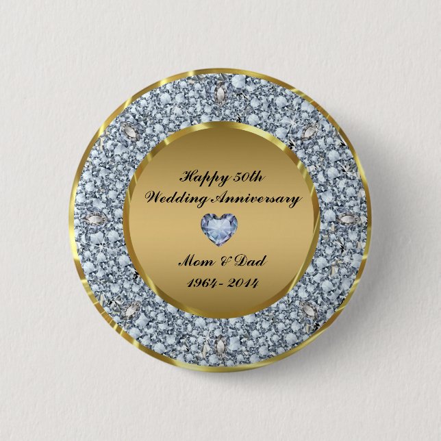 Diamonds & Gold 50th Wedding Anniversary 6 Cm Round Badge (Front)