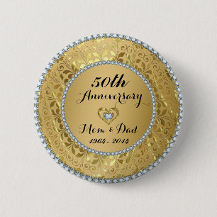 Diamonds & Gold 50th Wedding Anniversary 6 Cm Round Badge