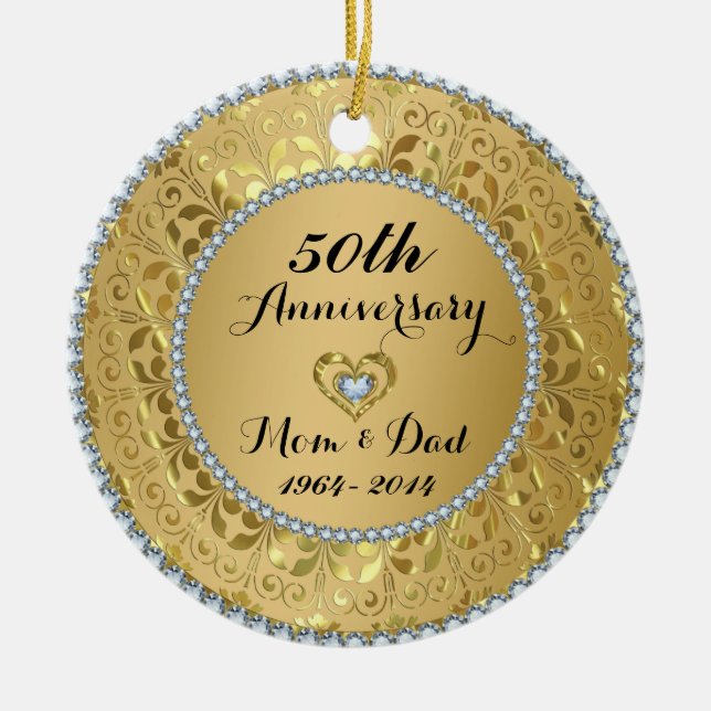 Diamonds & Gold 50th Wedding Anniversary Ceramic Tree Decoration (Front)