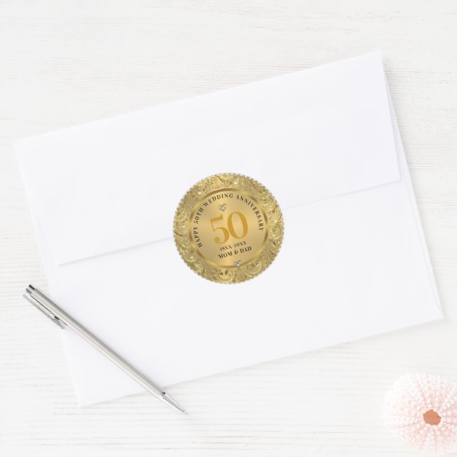 Diamonds  Gold 50th Wedding Anniversary Classic Round Sticker (Envelope)