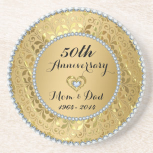 Diamonds & Gold 50th Wedding Anniversary Coaster