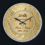 Diamonds & Gold 50th Wedding Anniversary Large Clock<br><div class="desc">Elegant gold tones floral border with 2 hearts and a diamond,  Gold 50th Wedding Anniversary. It comes in silver tones for the 25th anniversary. Diamonds are not real</div>