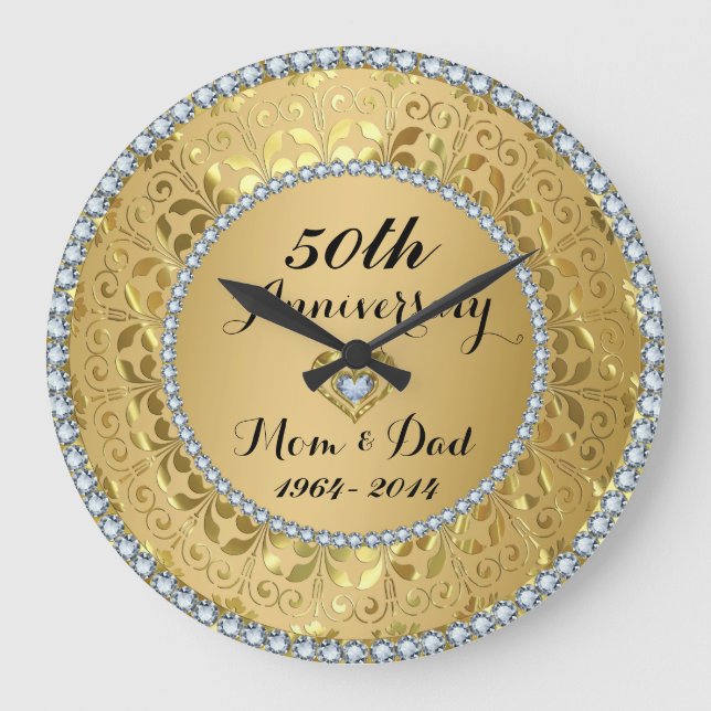 Diamonds & Gold 50th Wedding Anniversary Large Clock (Front)