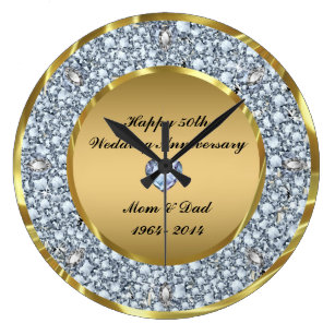 Diamonds & Gold 50th Wedding Anniversary Large Clock