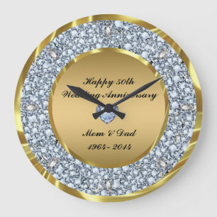 Diamonds & Gold 50th Wedding Anniversary Large Clock