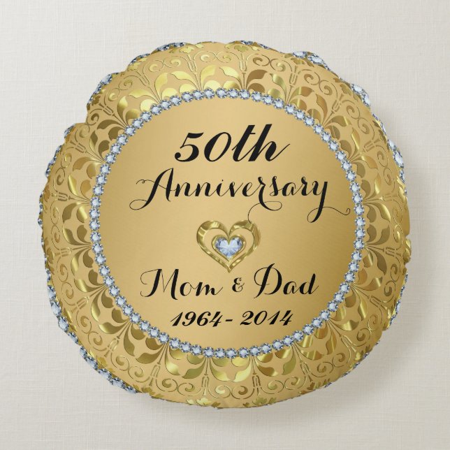 Diamonds & Gold 50th Wedding Anniversary Round Cushion (Front)